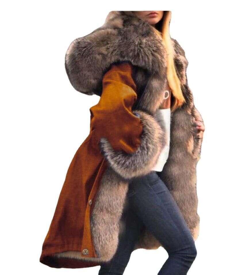 EuropeanTemperament Commuting Imitation Crystal Fox Fur Large Collar Long Fur Collar Hooded Jacket Looks Slim and Elegant