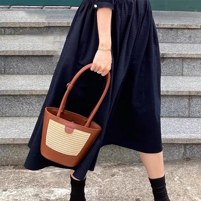 2025 New Shaped Straw Summer Beach Matching Patchwork Color Block Ins Simple Style Woven Women's Bag ddmymarket