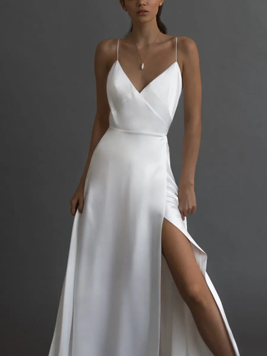 Elegant White Satin Evening Long Party Dres Sexy Slip Deep V Neck High Split Backless Maxi Summer Dresses for Women 2023 250804
