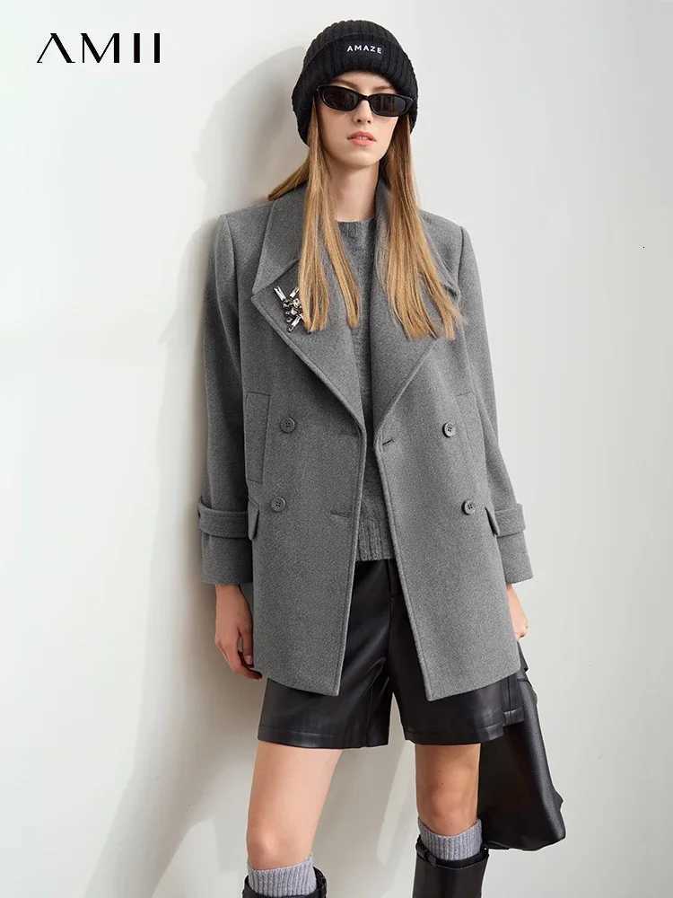 2024 Winter Womens Clothing Minimalist Amii Lapel Shoulder Pads Woolen Jackets Embroidery Loose Double-Breasted Coat 12424083 Z250813