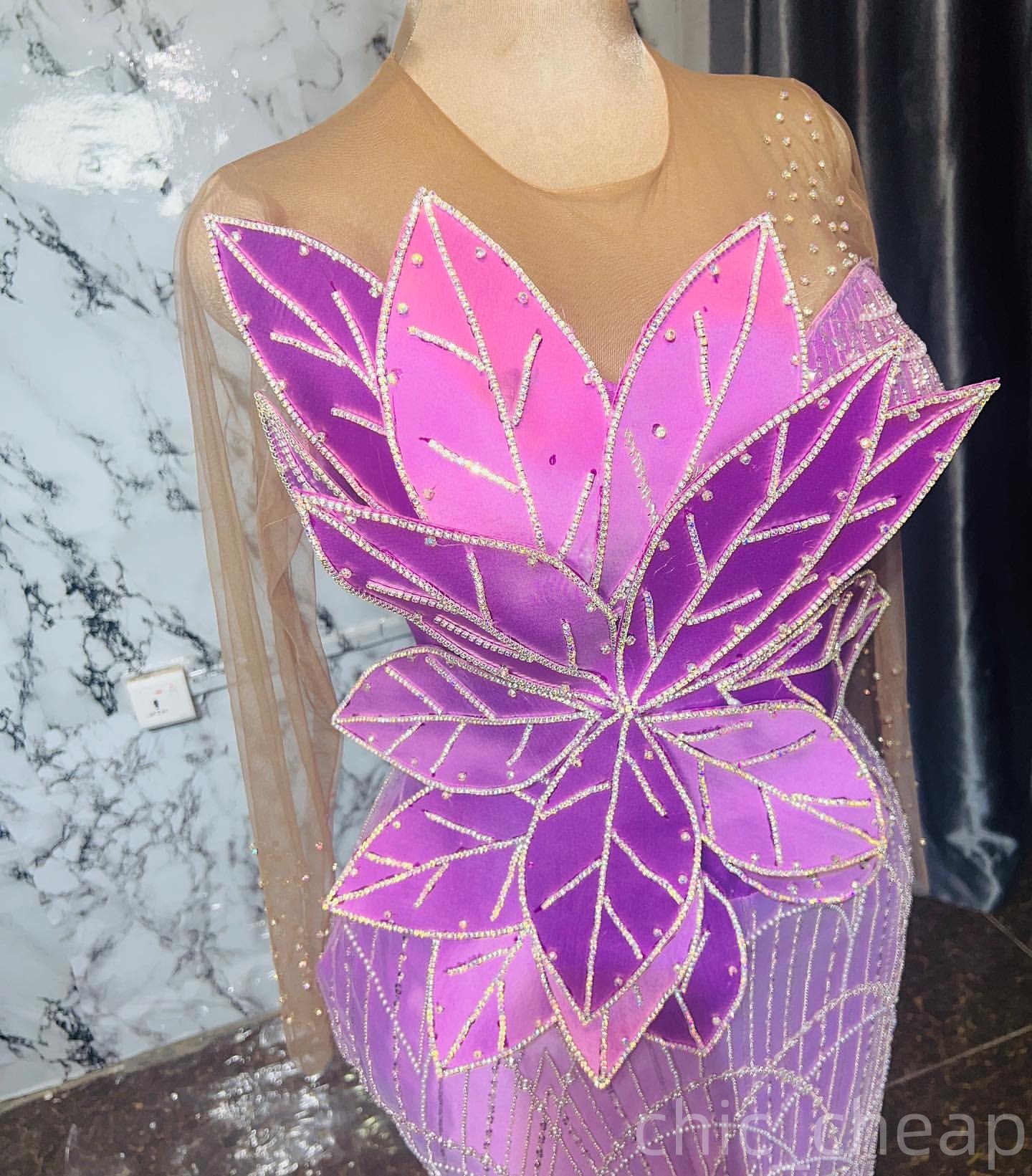 Lilac Sheath Prom Dresses 2025 Florals Crystals Sheer Neck Evening Formal Party Second Birthday Engagement Gowns Plus Size Dress For Special Occasions