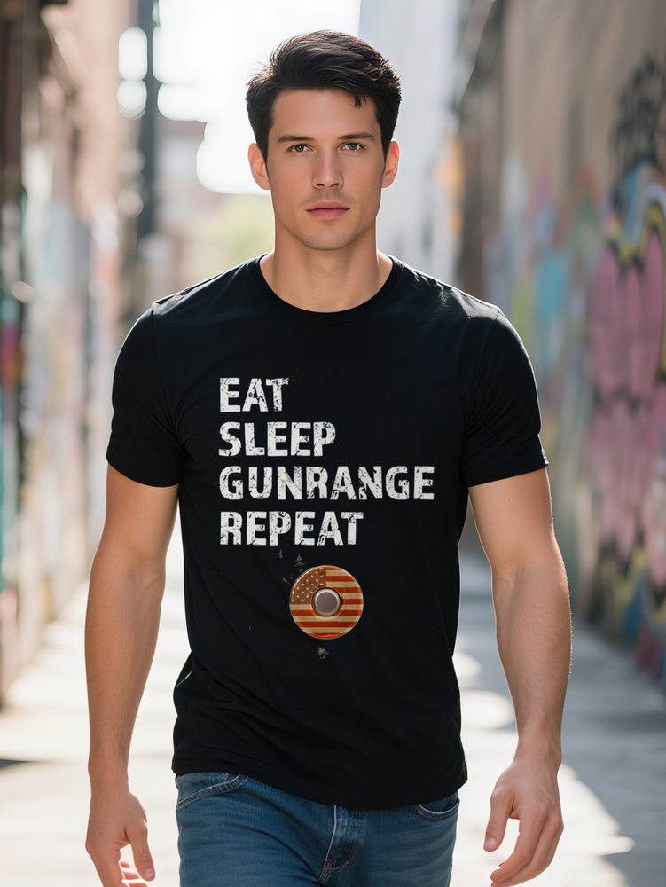 Men S Versatile Crew Neck T-Shirt with EAT SLEEP GUNRANGE REPEAT Print Forest Background and American Flag Design