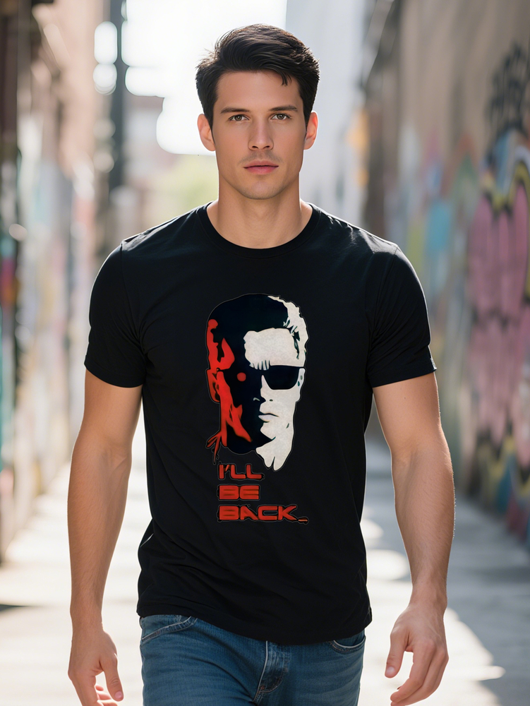 Graphic T Shirt with Bold I'll Be Back Text Stylized Male Portrait Print Black Round Neck Summer Tee Regular Fit 1932e