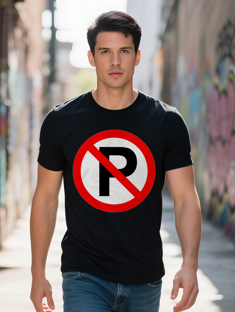 Humorous Men's Black Graphic Tee No P Prohibitory Sign Design Short Sleeve Crew Neck Casual Summer Shirt Unique