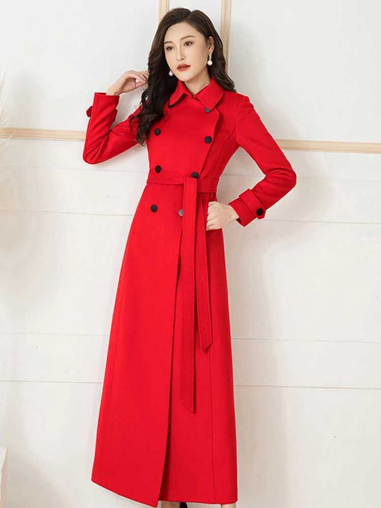 New Women Red Woolen Coat Autumn Winter Fashion Vintage Hepburn Style Double Breasted Belt Slim Long Wool Blends Tops Coat Z250813