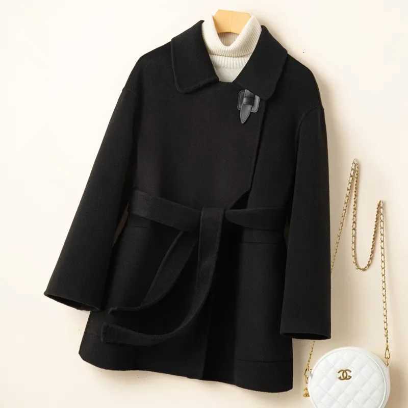 Autumn Winter New Double-Sided Cashmere Coat Women Fashion Doll Collar Leather Buckle Loose Lace-uUp Woolen Jacket Female T1494 Z250813