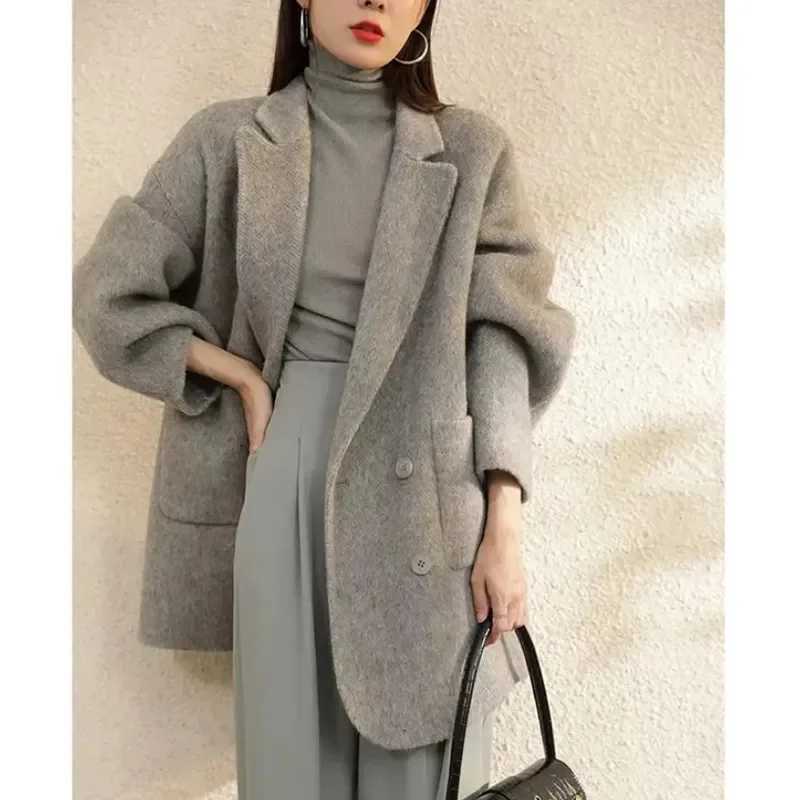 2025 New Womens Woolen Coats Loose Casual Double Breasted Retro Double-sided Jacket Office Lady Outerwear Autumn Winter Z250813