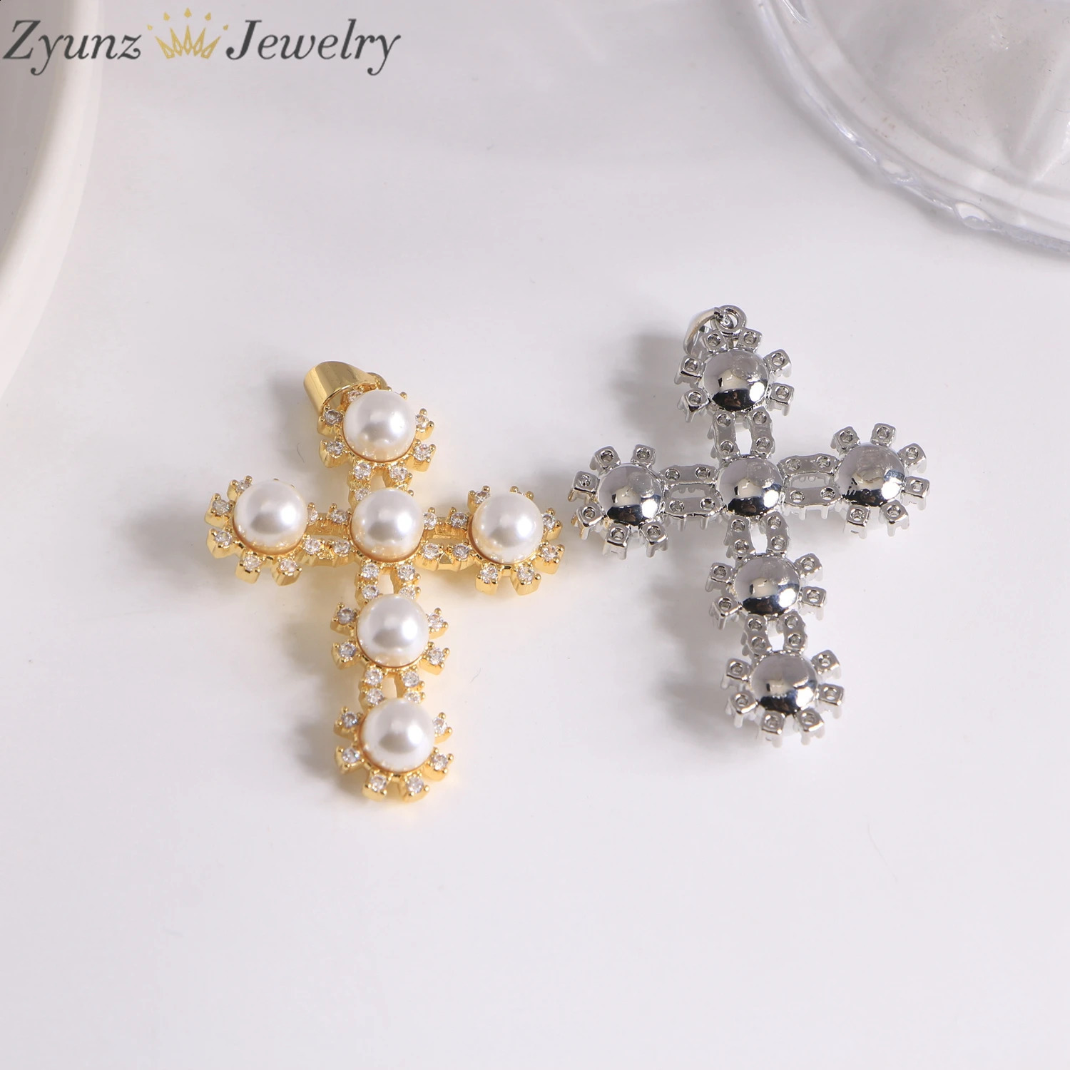 5Pcs 18K Gold Plated Pearl Cross Pendant Micro Pave CZ Cross Charm Jesus Christian Jewelry Holiday Gifts 250807