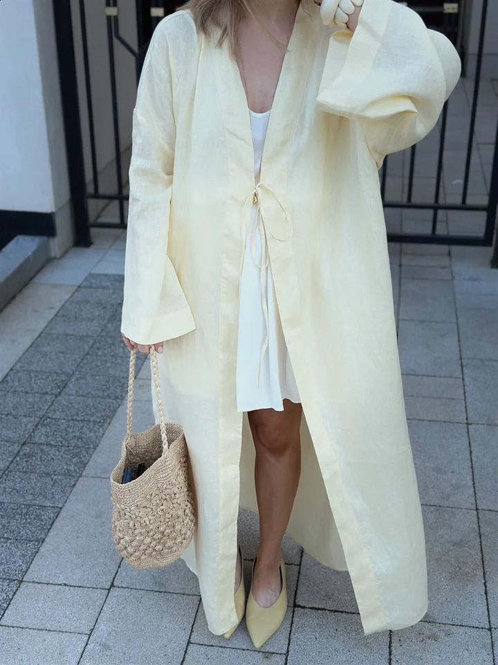 Oversized 100% Linen Kimono Windbreaker Yellow 250811