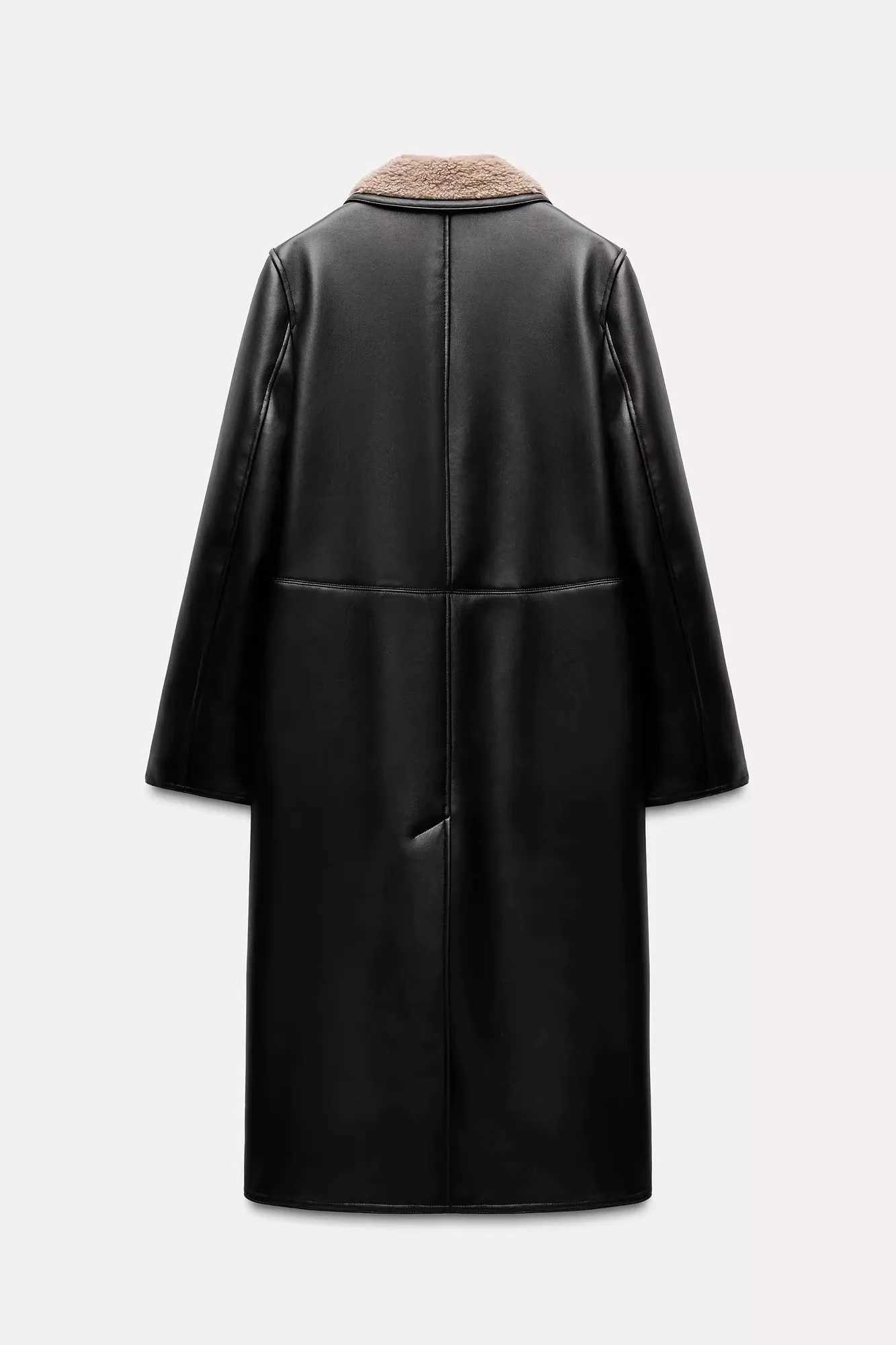 RARF Womens 2025 Winter New Womens Faux Leather Double-Breasted Long-Sleeved Lapel Contrasting Color Fleece Double-Sided Coat Z250813