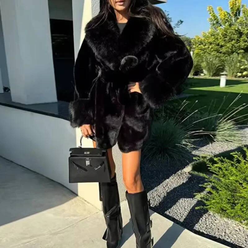 Winter Women Faux Furs Jackets Coats With Belt Elegant Waist Hing Slimming Fur Big Collar Thickened Warm Outerwear