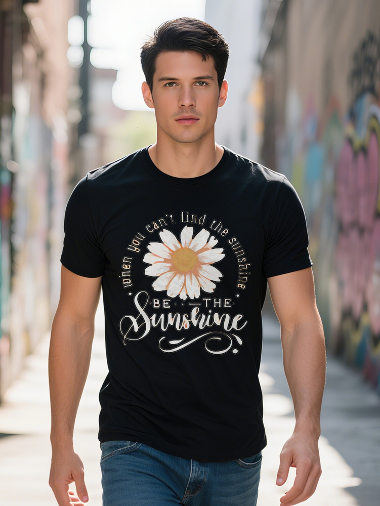 Men s Casual Crew Neck T-Shirt Be the Sunshine Floral Print Black with White Daisy Design Lightweight Summer