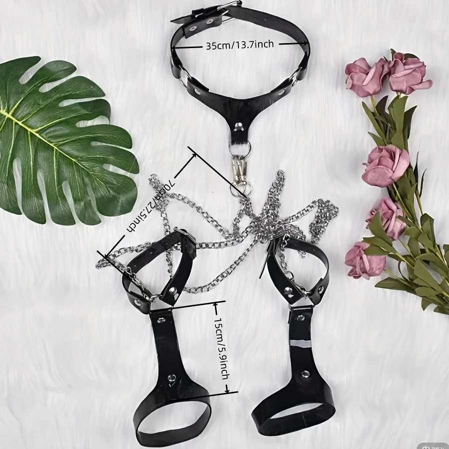 Fun Fashion Sexy Trend Black Leather Metal Chain Bondage Neck Collar Handcuffs Gags Muzzles Sexy Tools for Couples XJ250813