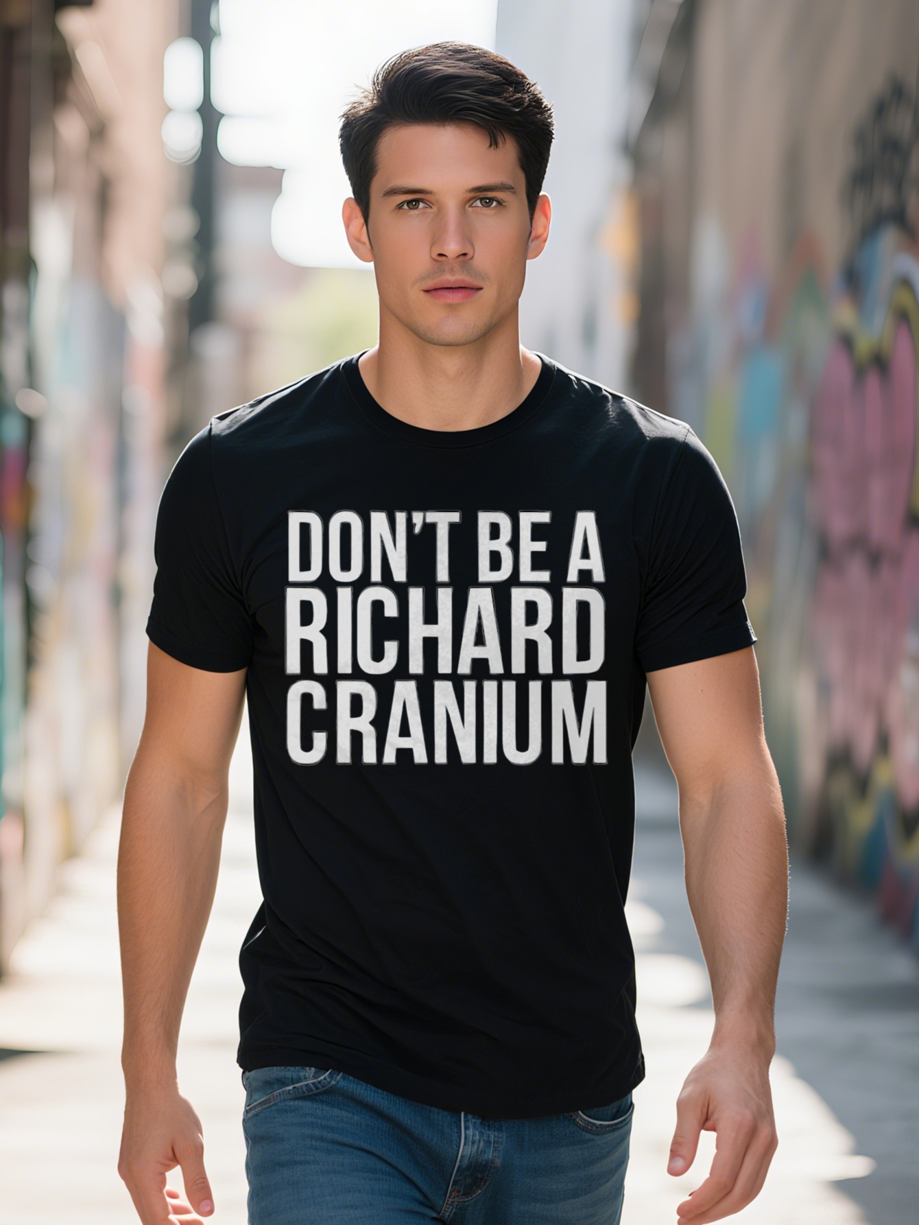 Men s Graphic T Shirt Bold Don t Be a Richard Cranium Print Black with White Lettering Neck Regular Fit Summer