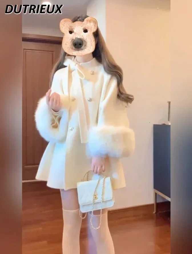 Autumn and Winter Sweet Stand-up Collar Bowknot Double Breasted Woolen Cape Coat Cute White Long Sleeve Mid-LengTH JaCKet Z250813
