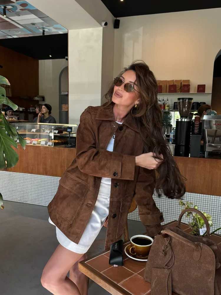 Trendy Brown Suede Jacket Women Vintage Loose Fit Autumn Coat 2025 Fall Single Breasted Lapel Casual Long Sleeve Lady Outerwear Z250813