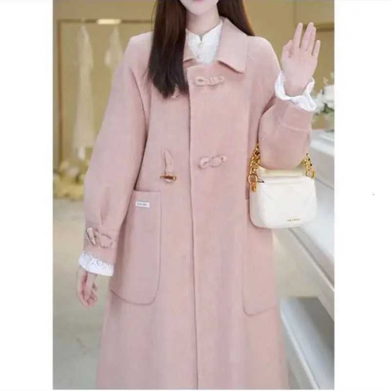 Double Cashmere Coat Womens Extended Horn Button Woolen Coat Z250813