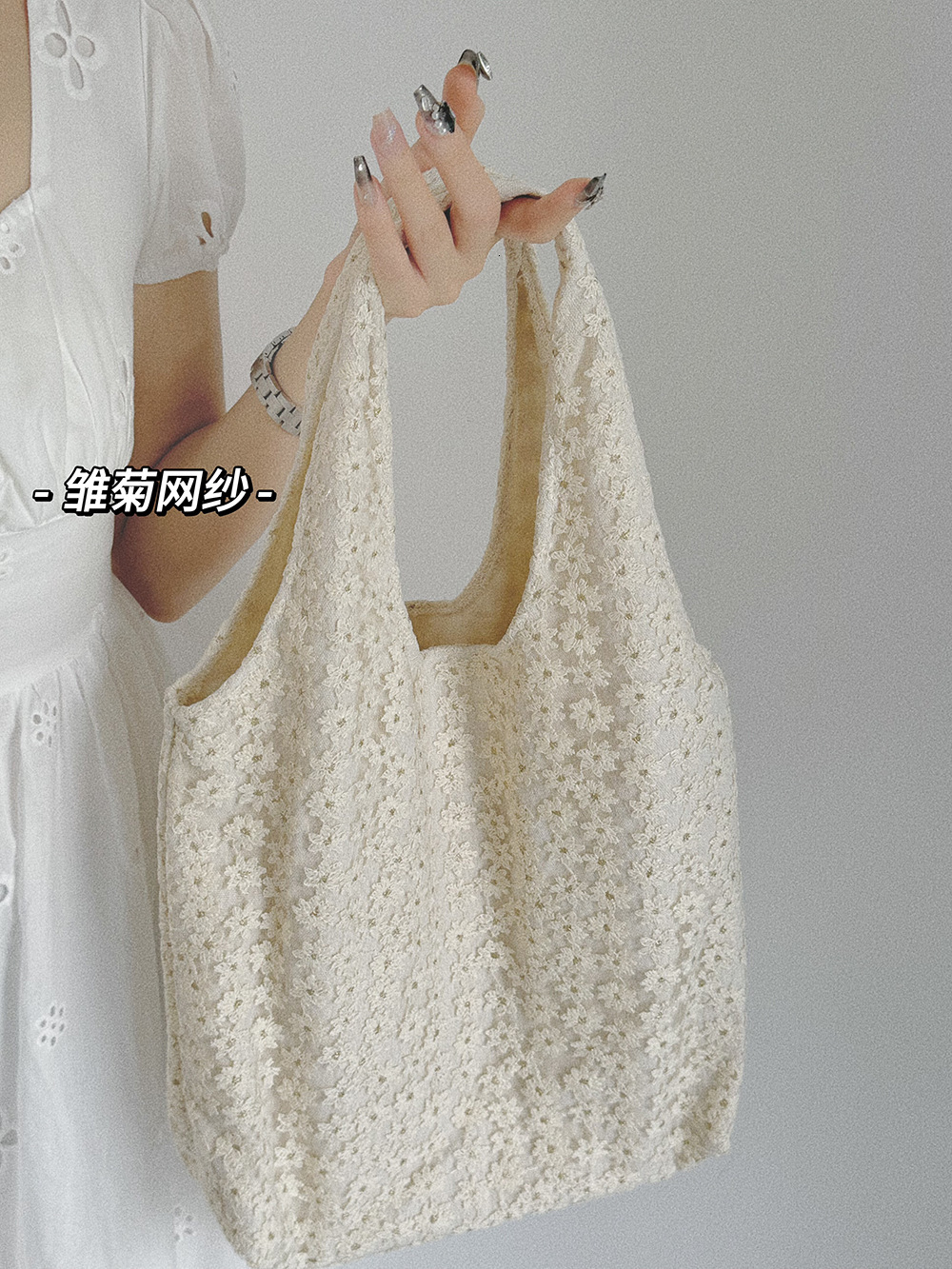 Fresh Style Mesh Flower Single Shoulder Korean Version Ins Blogger Large Capacity Tote Sweet Handheld Canvas Bag Trendy ddmymarket
