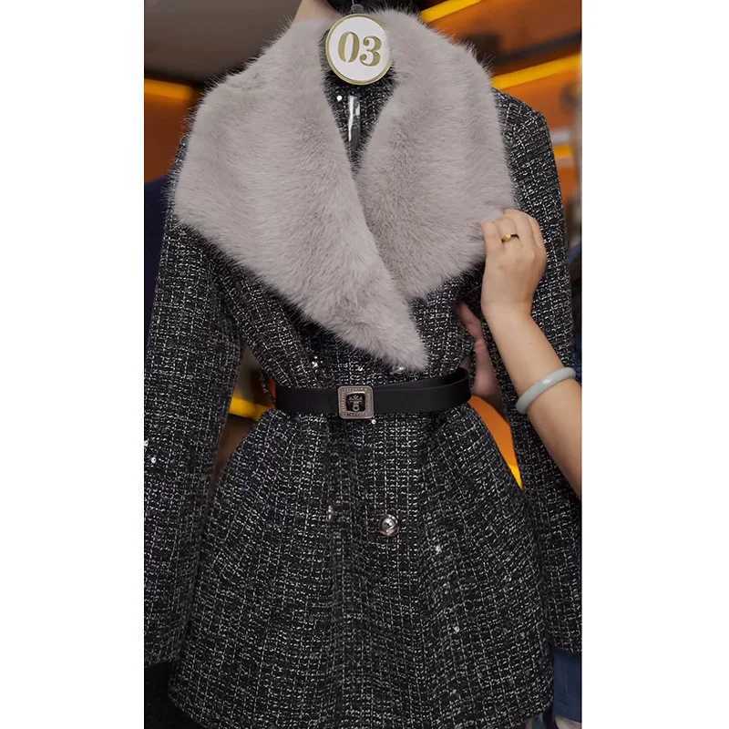 High-grade Thick Woolen Coat Womens Western Fur Collar Waist Long Slim Woolen Coat Z250813