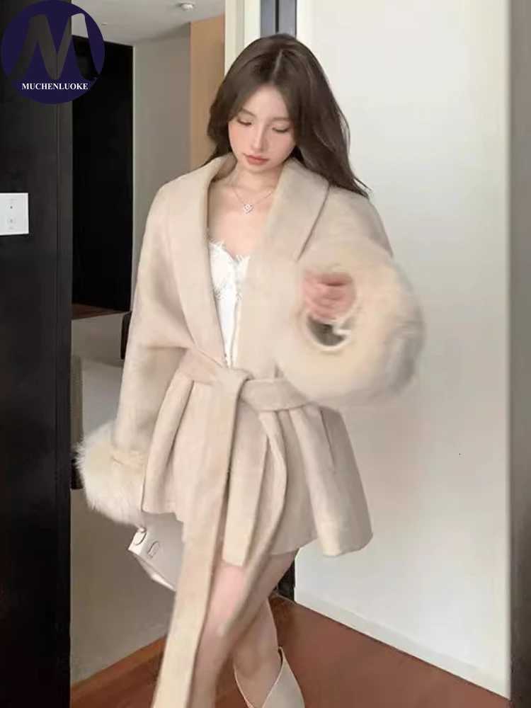 Coats for Women Autumn Winter New Elegant Long Sleeves V Neck Lace Up Woolen Coat Korean Fashion Casual Loose Street Trends Coat Z250813