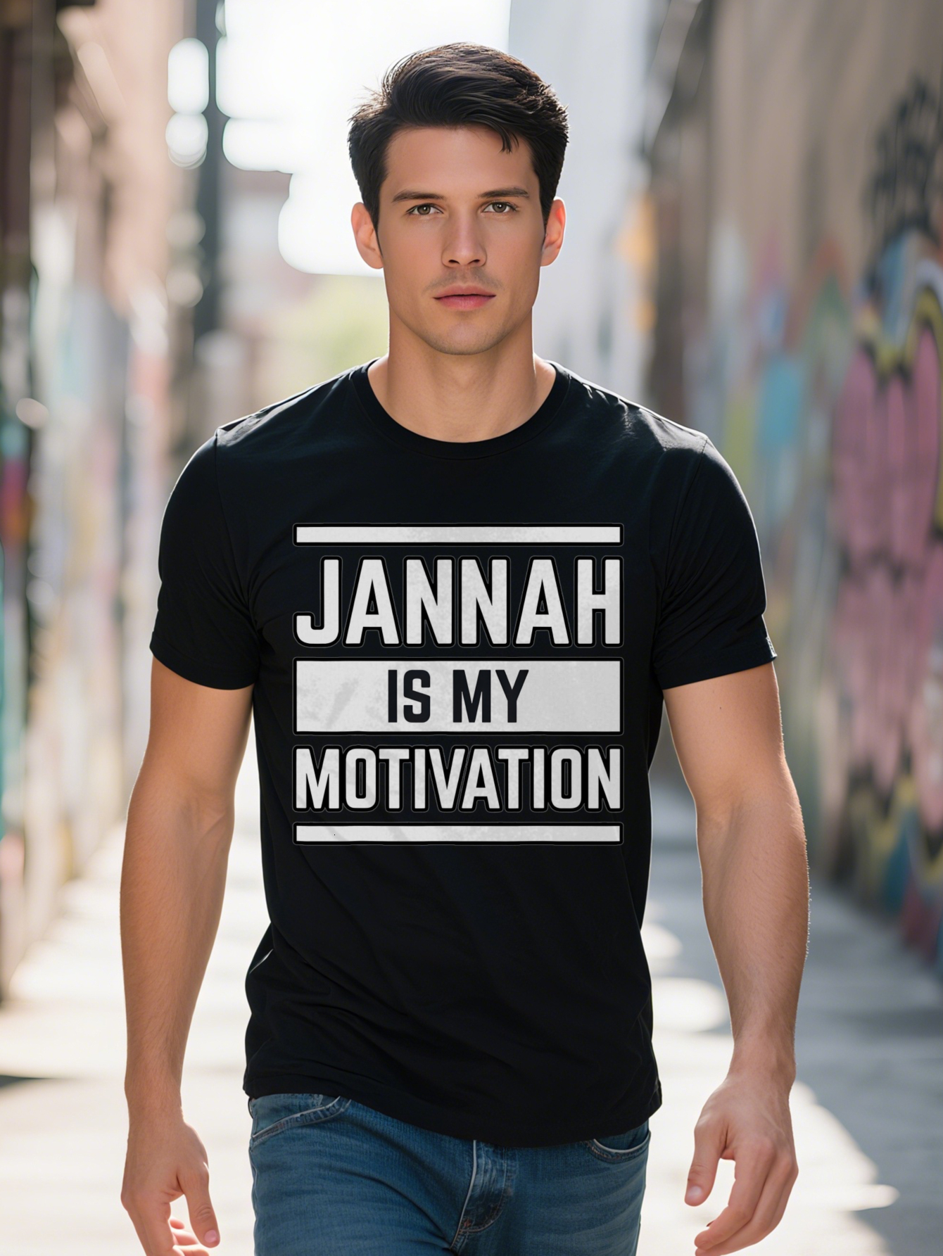 Men s Casual Crew Neck T Shirt Jannah is My Motivation Graphic Print Black with White Lettering Lightweight Summer 4e297