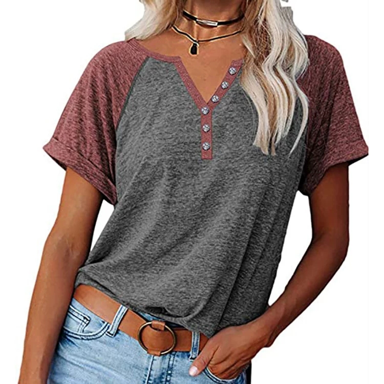 Casual Womens T-Shirt Stylish Patches & Loosely Fitted Sportswear Featuring a V-neck and Buttons