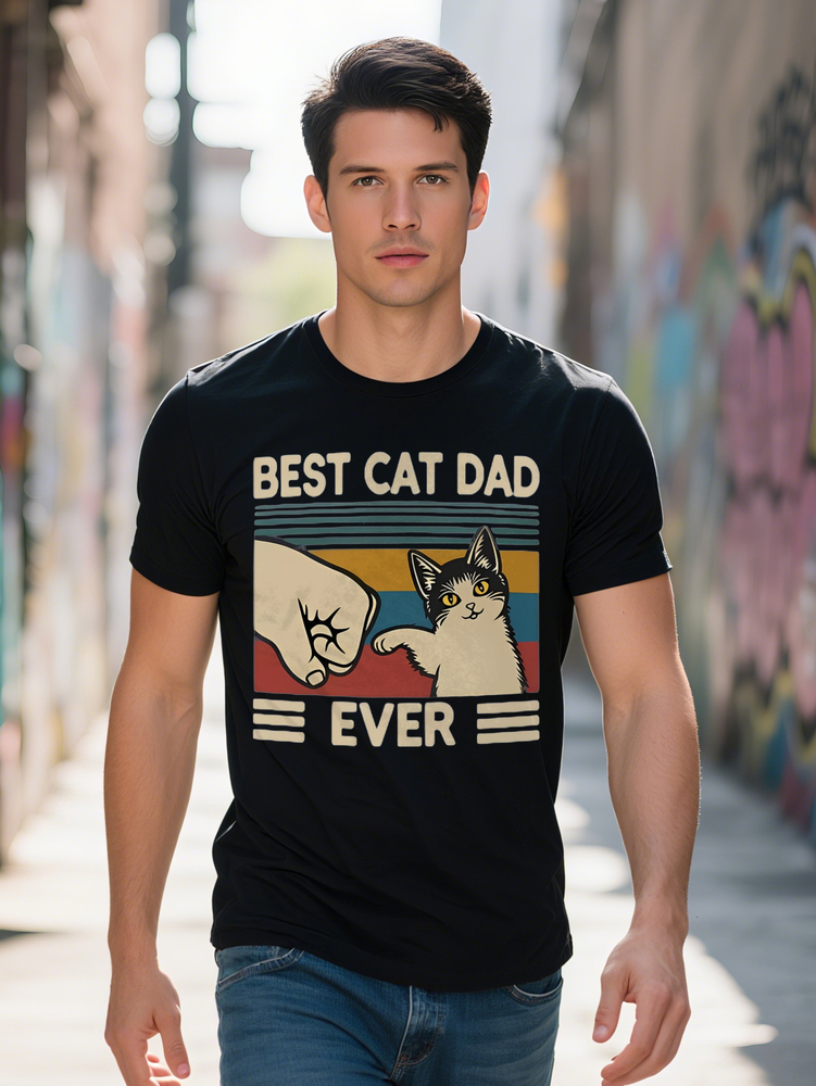 Men S Best Dad Ever Graphic T Shirt Funny Summer Short Sleeve Tee with Paw Print Design Black Casual Gift for Cat