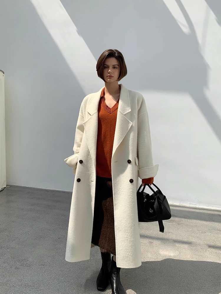 Double Breasted Office Lady Long Woolen Jackets 2024 Autumn And Winter Suit Collar Loose X-Long Rabbit Hair Women Wool Coats Z250813