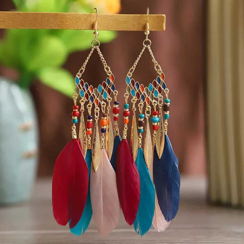 Bohemian Ethnic Feather Dangle Earrings For Women Trendy Long Tassel Colorful Beads Drop Earrings Girl Female Boho Jewelry Y250812