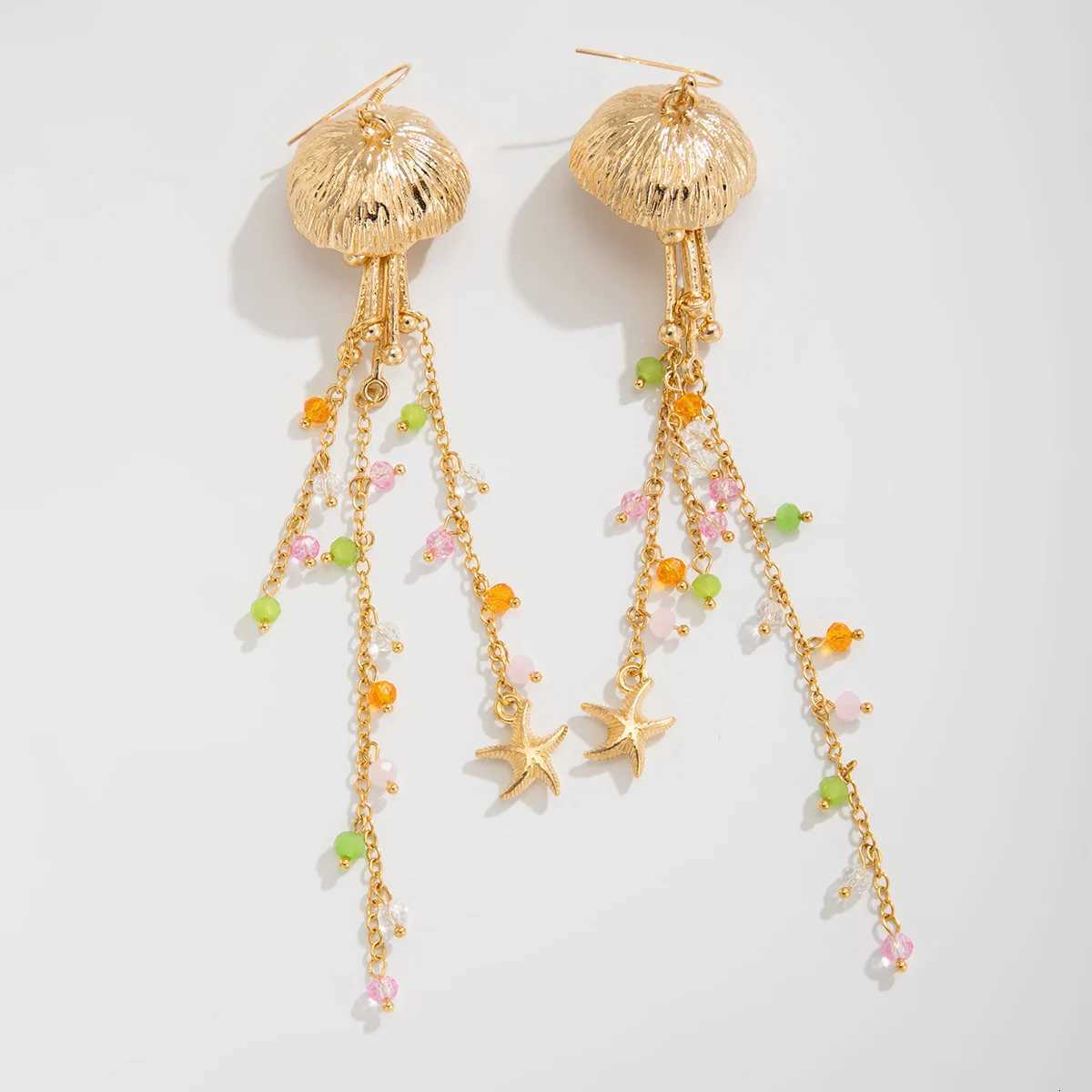 Boho Starfish Earrings Jellyfish with Imitation Pearls Crystal Long Tassels Earrings Women Trendy Drop Earrings Y2K Jewelry Y250812