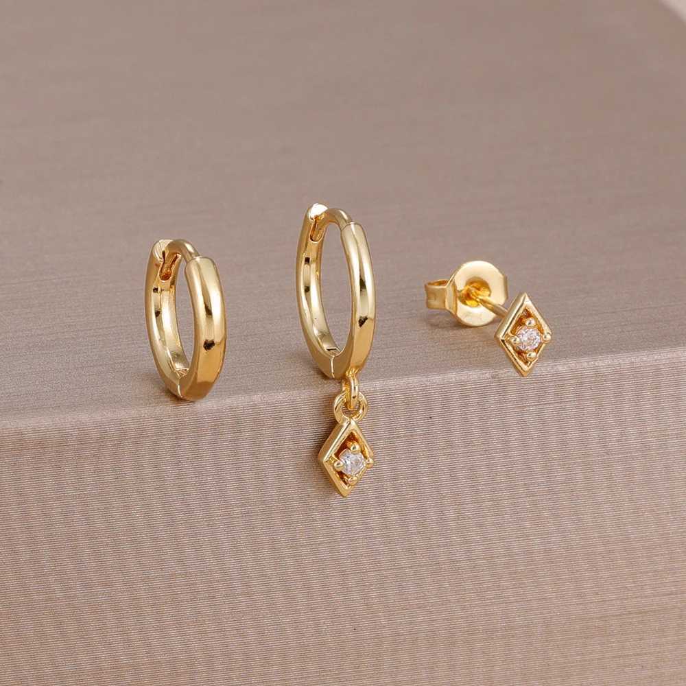 3PCS 14K Gold Plated Square Zircon Earring Set for Women Stainless Steel Pendant Charms Huggies Earring Punk Unisex Rock Jewelry Y250812