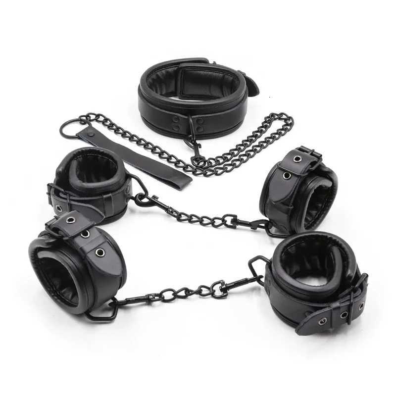 Black Genuine Leather Bdsm Bondage Set 3pcs Restraints Collars Ankle Cuffs Handcuffs For Sex Bondage Set Sex Toys For Adults XJ250813