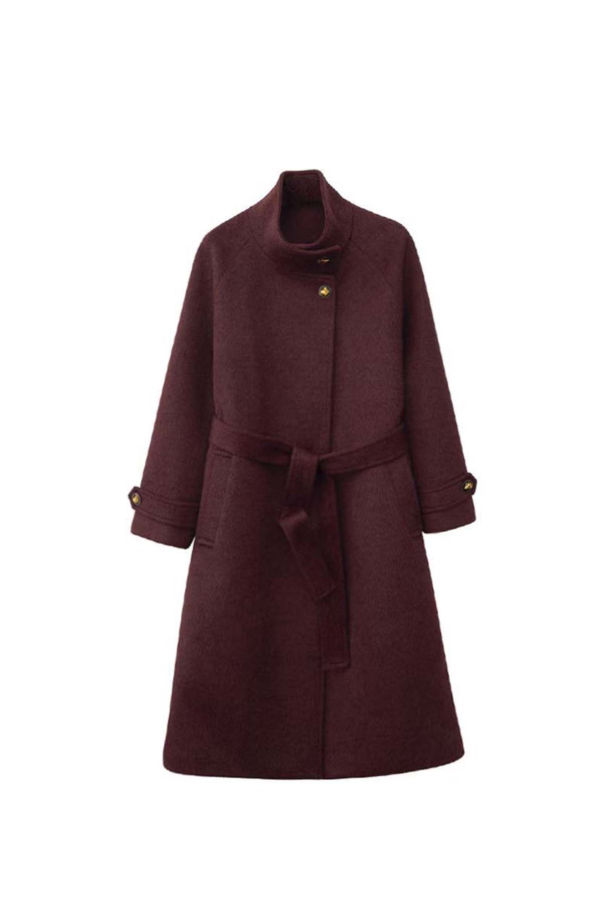 Women's New Stand Collar Long Wool Coat with Belt - Double-Sided Fleece