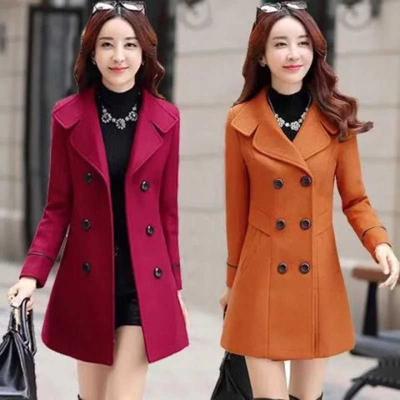 Womens Elegant Slim Fit Jacket with Double Row of Buttons Medium-Length Coats Korean-Style Top for Middle-Aged Women Z250813