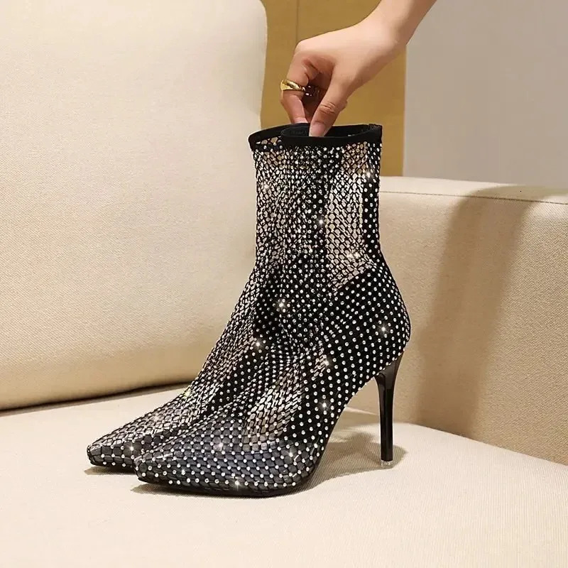Summer Knee High Sandal Boots Women Sexy Rhinestone Pointed Toe Thin Heels Thigh Mesh Sock Shoes Botas De Mujer 250812
