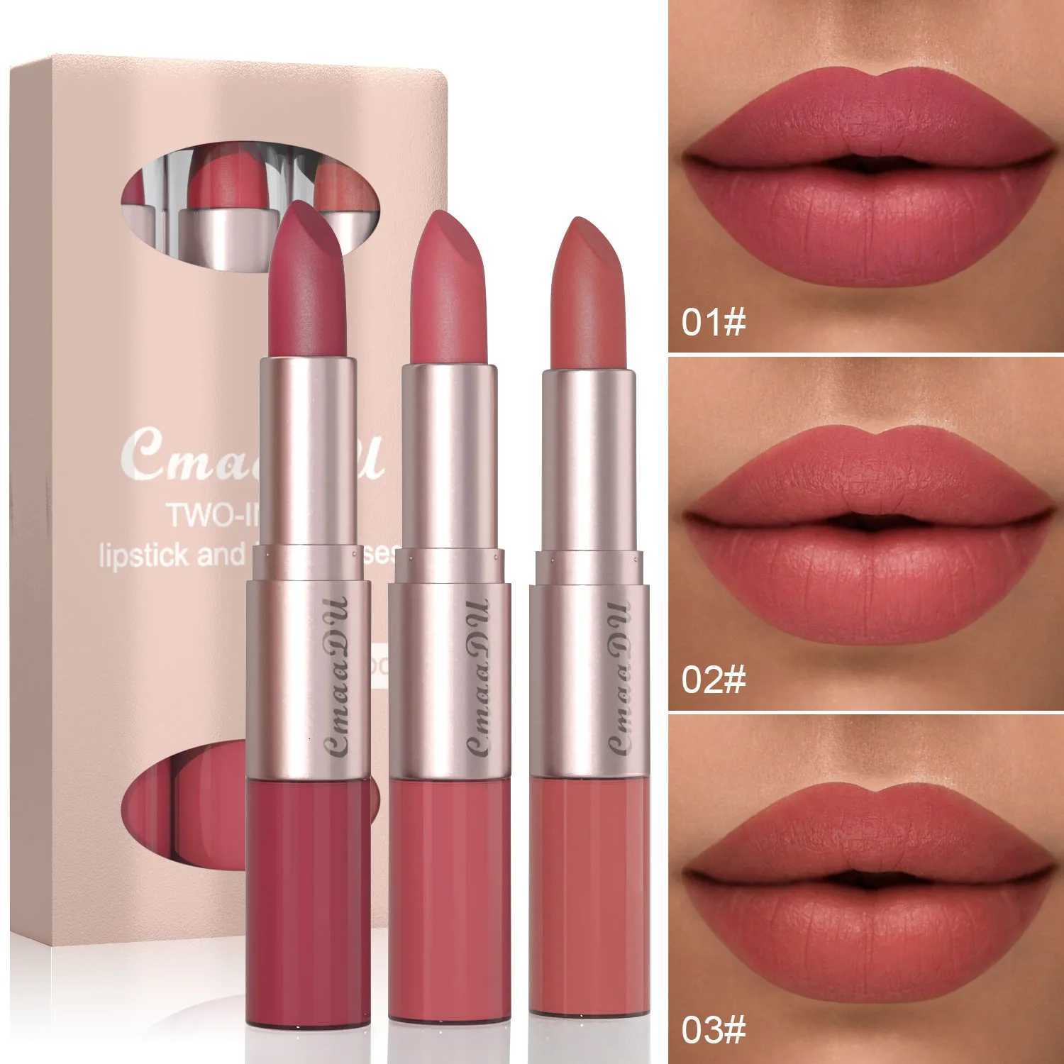 3pcs Waterproof Lipstick Set Double Ended Lip Gloss Long Lasting Non Transfer Lip Makeup Kit For Women Sexy Beauty W250813
