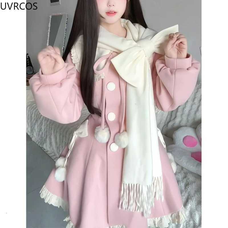 Japanese Kawaii Cute Woolen Coat Women Sweet Ruffles Peter Pan Collar Slim Cotton Bow Scarf Jacket Female Winter Parkas Coats Z250813