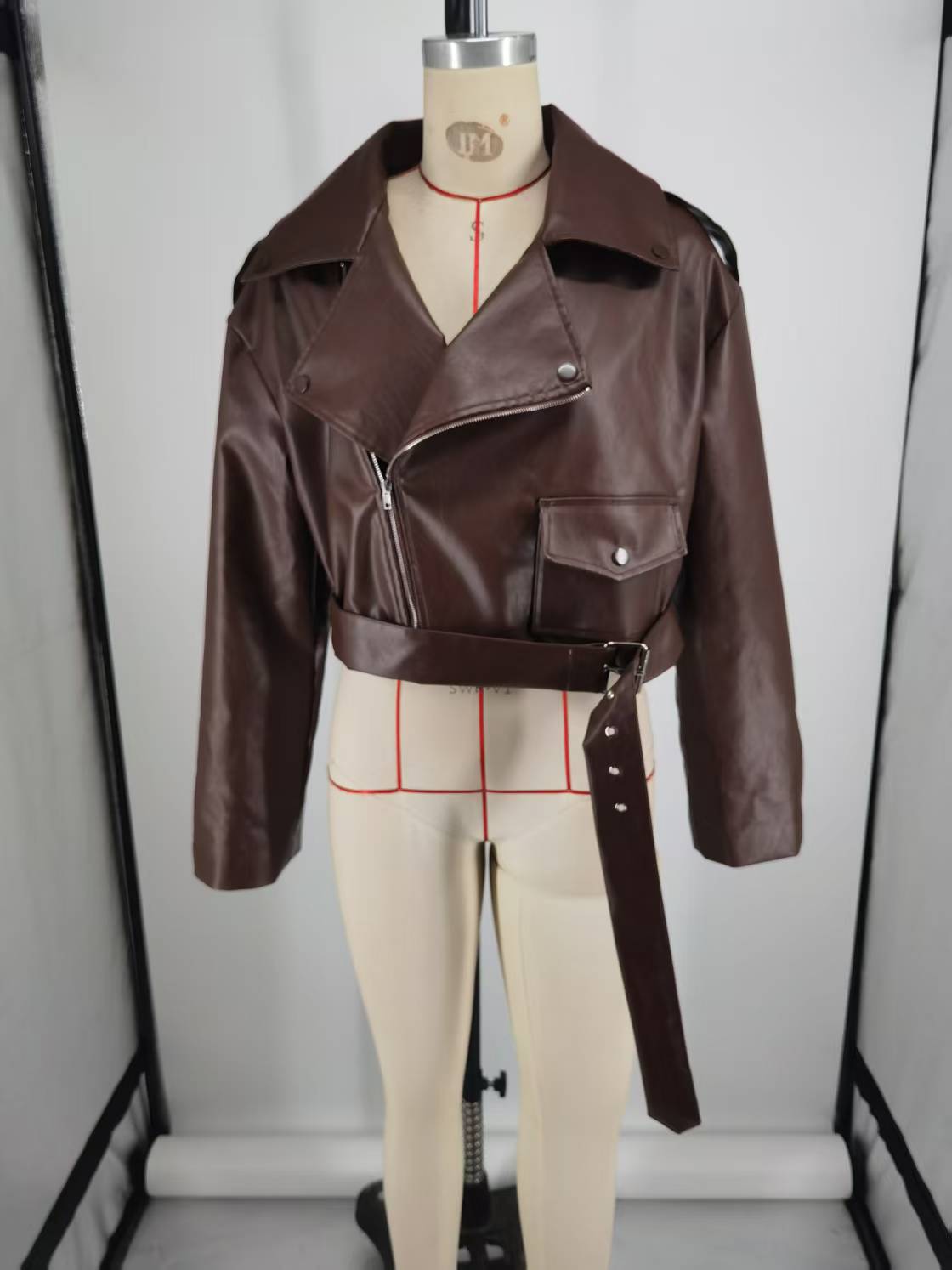 Women's Jackets Women Chic Brown Leather Jacket With Belt Long Sleeve Laple Zipper Short Coats 2025 Spring Ladies Street Biker