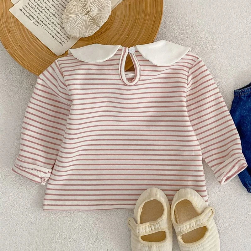 autumn baby clothing 03 year old girl bunny collar striped top Tshirt 250812