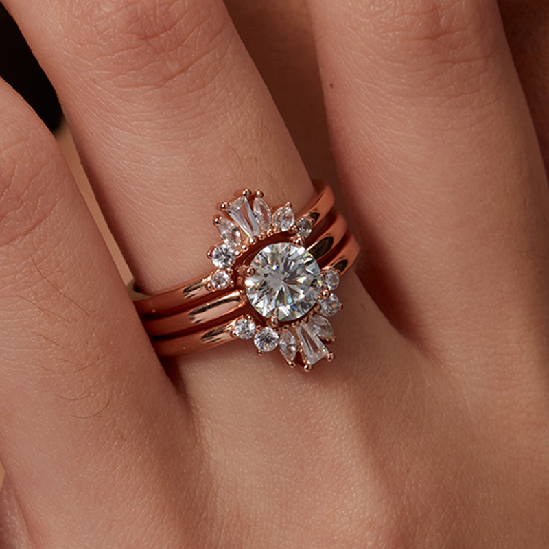 MT 14K Rose Jewelry 1 ct Round Cut Moissanite Engagement Ring Set, 3pcs/set Stackable and Detachable, Vintage Bohemian Elegant Style, Perfect for Wife