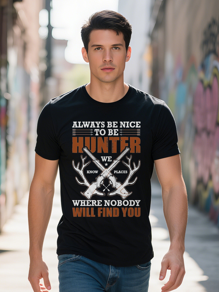 Men s Crew Neck T-Shirt Always Nice to Be Hunter Graphic Print Black with Orange Brown Accents Lightweight Perfect