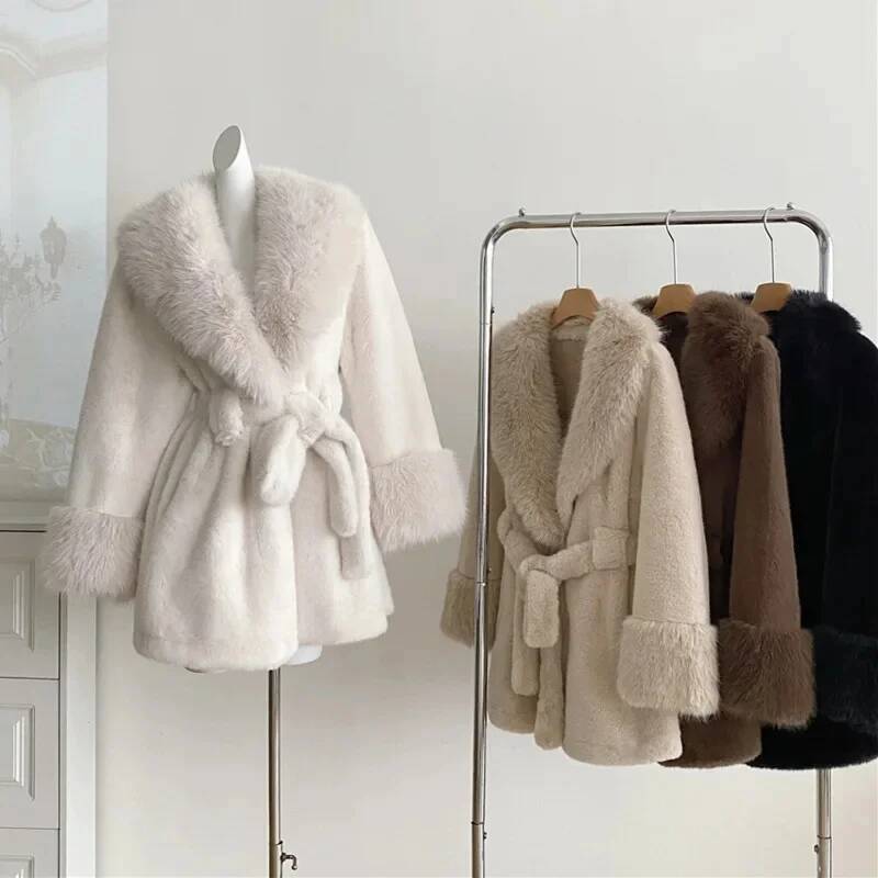 Winter Women Faux Furs Jackets Coats With Belt Elegant Waist Hing Slimming Fur Big Collar Thickened Warm Outerwear