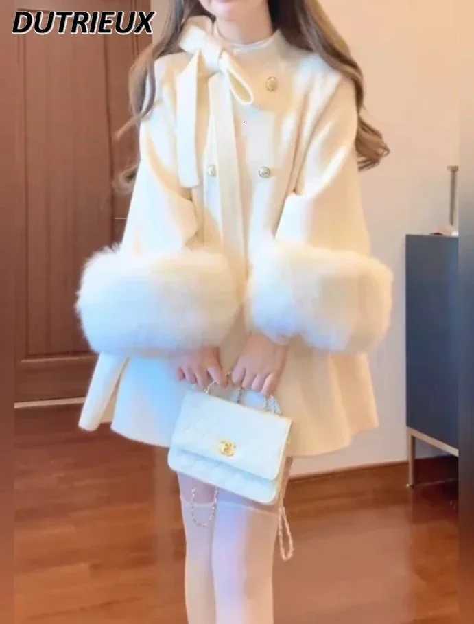 Autumn and Winter Sweet Stand-up Collar Bowknot Double Breasted Woolen Cape Coat Cute White Long Sleeve Mid-LengTH JaCKet Z250813