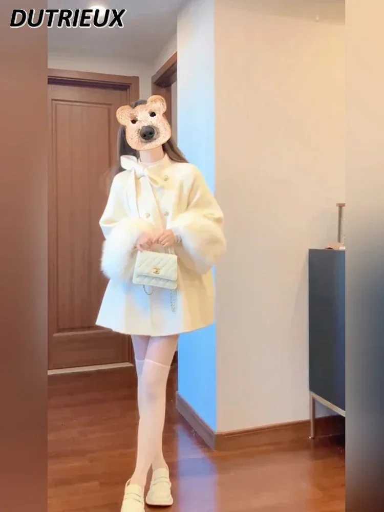 Autumn and Winter Sweet Stand-up Collar Bowknot Double Breasted Woolen Cape Coat Cute White Long Sleeve Mid-LengTH JaCKet Z250813