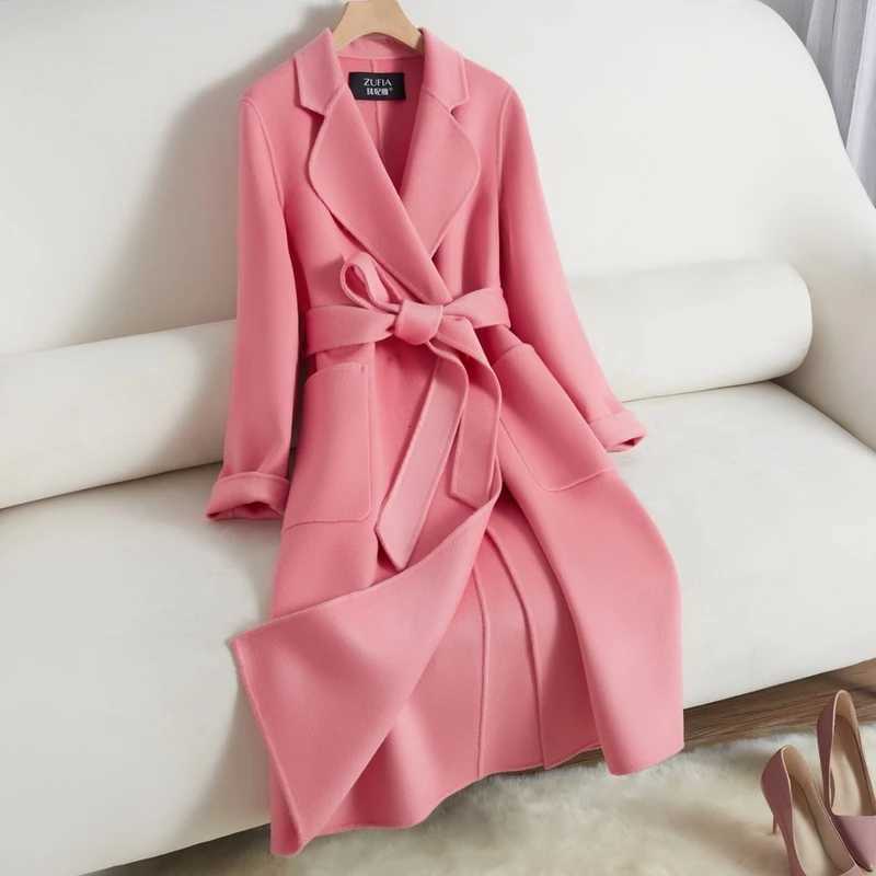 White Belt Double-sided Cashmere Coat Womens 2024 New Fashion Temperament Winter Slim Wool Coat Solid Female Long Windbreaker Z250813