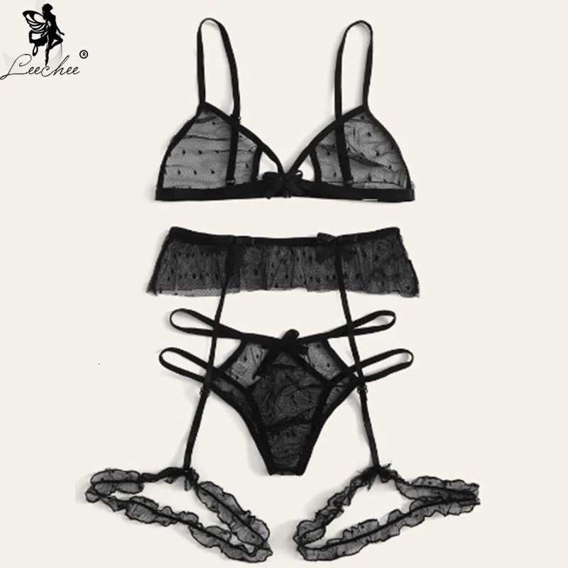 Leechee New Bra Set Sexy Lace Lingerie 3/4 Cup Bras For Women Three-point Suit Sexy Lntimates Dot Mesh Perspective Underwear SetXJ250812