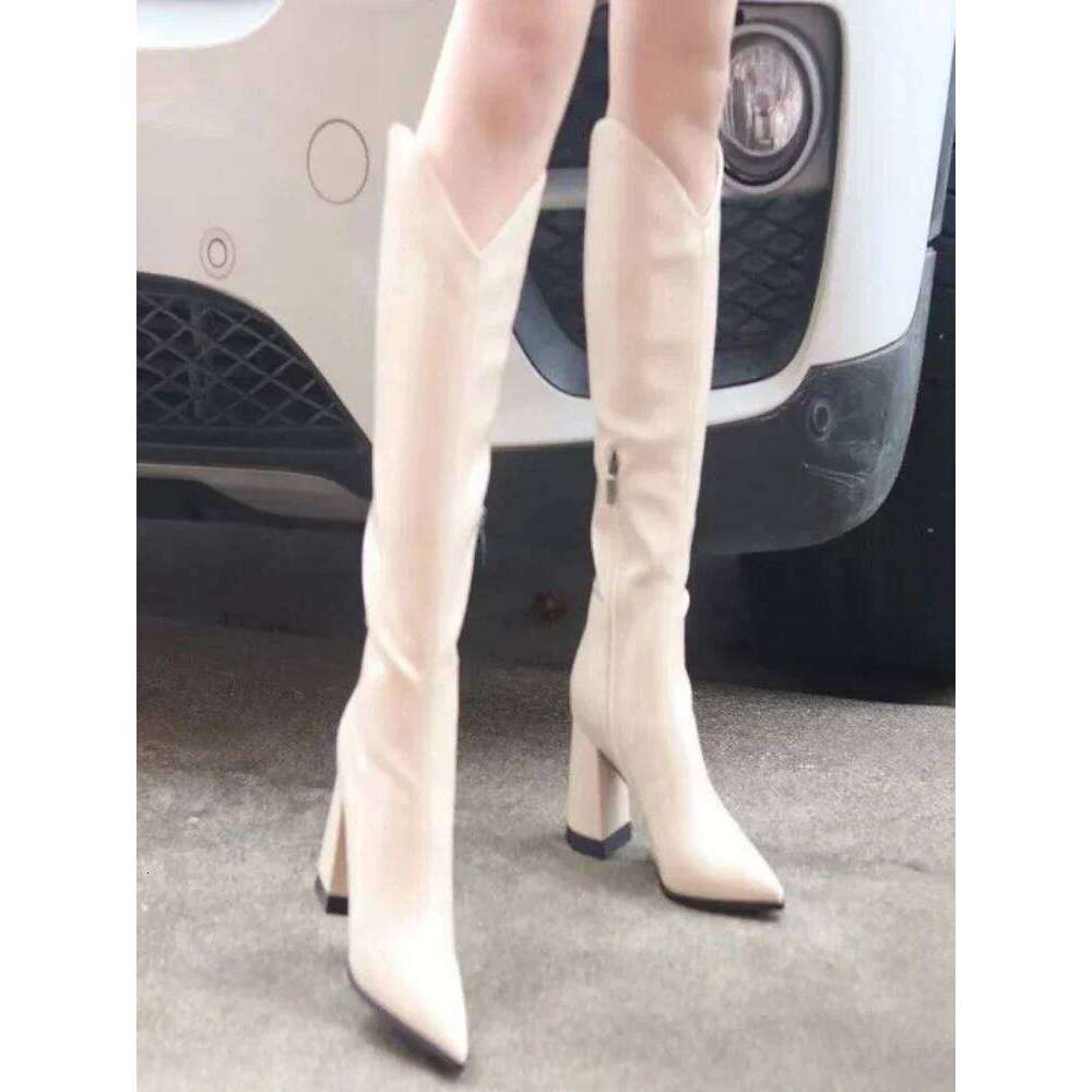 PU Leather Long Women Fashion V-port Pointed Toe Knee Boots Ladies Sexy Chunky High Heel Shoes Botas