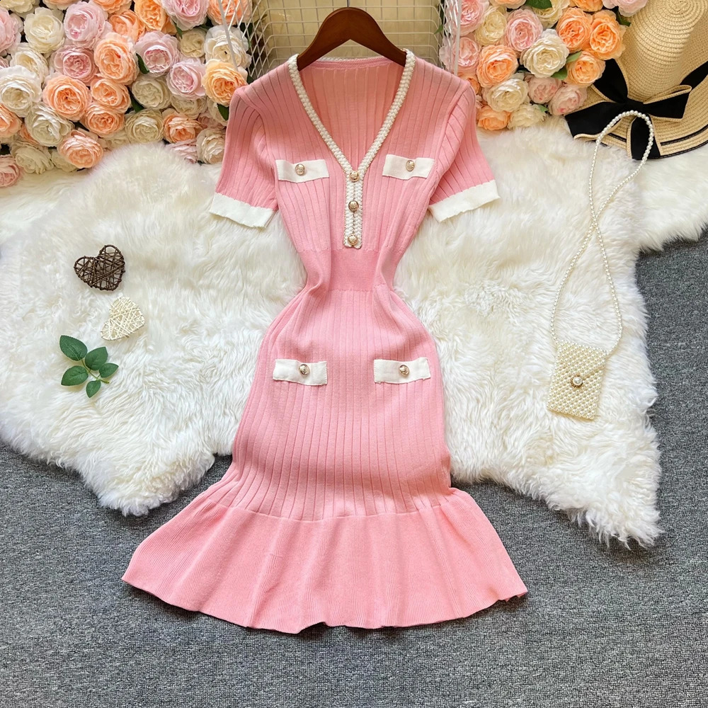 YuooMuoo Chic Fashion Sexy Package Hips Knitted Mini Dress Summer Elegant V-neck Ruffled Party Dress Streetwear Vestidos 250806