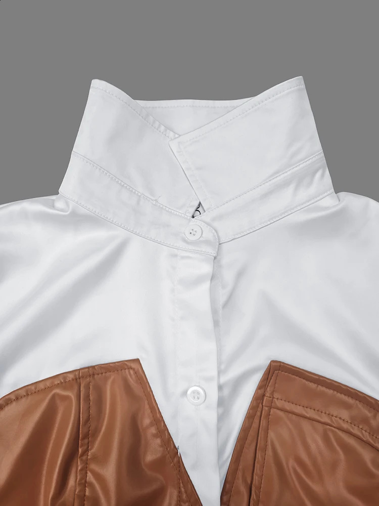 Gymystars Womens Dresses Shirt PU Skirt Autumn Buttons Long Sleeve Patchwork Pocket Skinny Belted Lapel Female Midi Dress 250806