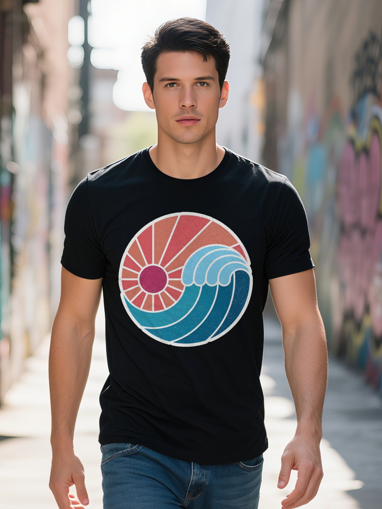 Men s Vintage Inspired Graphic Tee Black Casual Summer T Shirt with Unique Wave Design Short Sleeves Round Neck